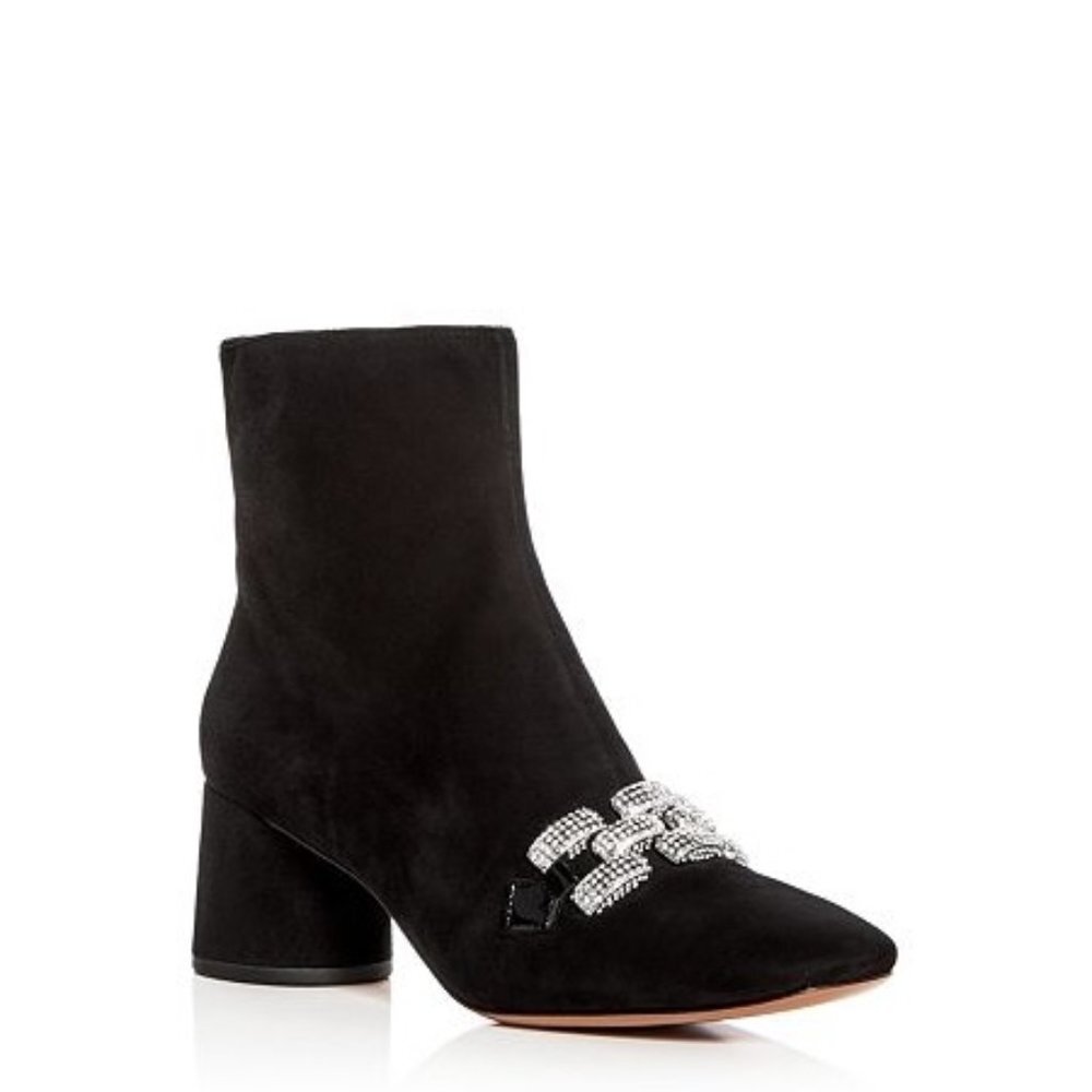 MARC JACOBS Embellished Chain Suede Block Heel Booties